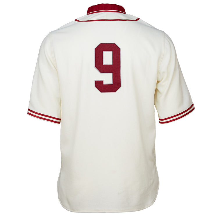 The EFF Washington State University 1937 Home Jersey is a white baseball jersey with red sleeve and collar trim, featuring a large red number 9 on the back—an authentic vintage reproduction for Cougars fans.