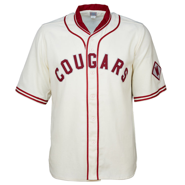 EFF’s Washington State University 1937 Home Jersey features a cream color with red piping, bold red COUGARS lettering on the chest, and a diamond-shaped W patch on the left sleeve—an authentic vintage reproduction.