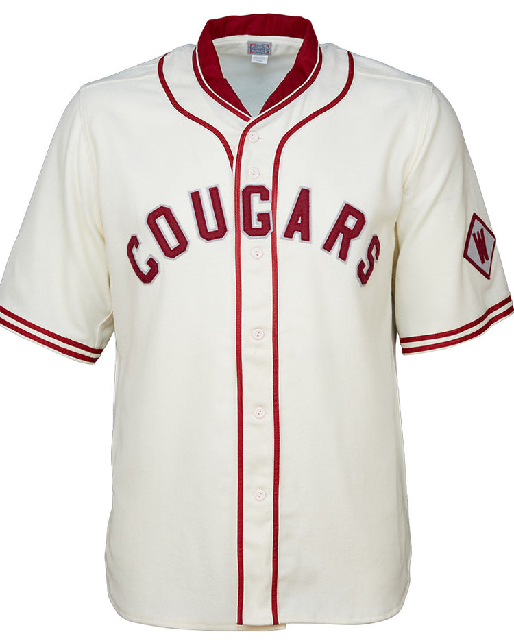 EFF’s Washington State University 1937 Home Jersey features a cream color with red piping, bold red COUGARS lettering on the chest, and a diamond-shaped W patch on the left sleeve—an authentic vintage reproduction.