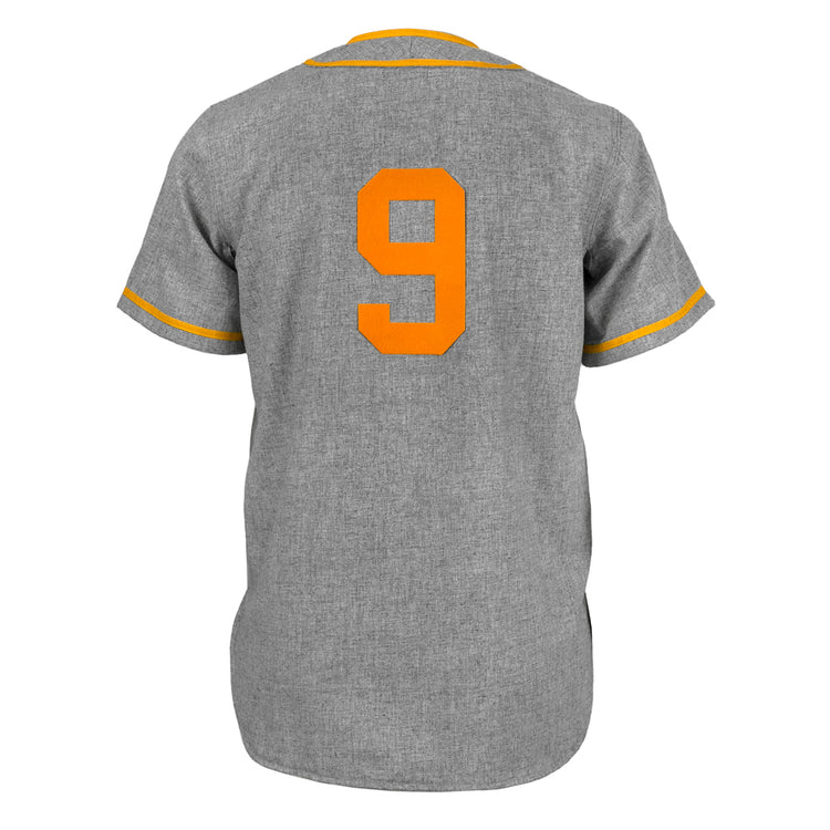 The EFF Hoboken Young Democrats 1972 Road Jersey is a gray short-sleeve vintage baseball jersey with yellow trim and a large yellow number 9 on the back, shown against a white background.