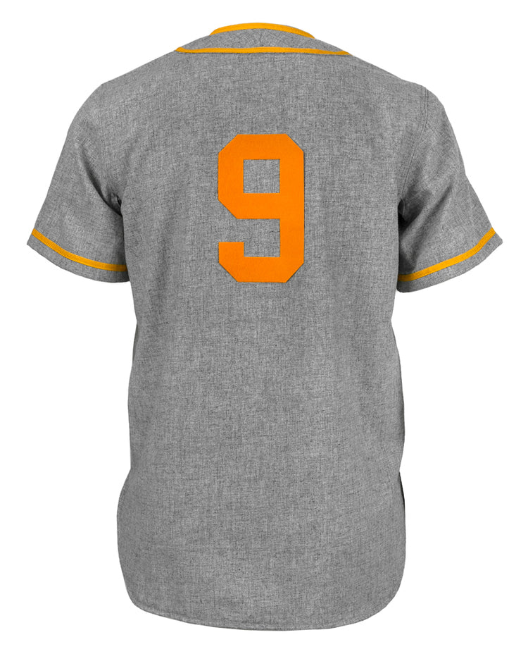 The EFF Hoboken Young Democrats 1972 Road Jersey is a gray short-sleeve vintage baseball jersey with yellow trim and a large yellow number 9 on the back, shown against a white background.