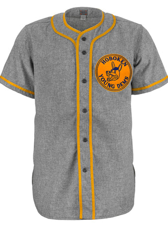 A vintage gray EFF Hoboken Young Democrats 1972 Road Jersey with yellow trim, buttons, and a left chest patch featuring a bird holding a bat—ideal for fans of Little League history.