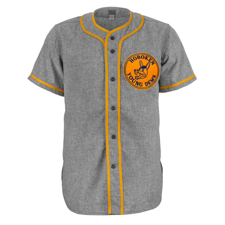 A vintage gray EFF Hoboken Young Democrats 1972 Road Jersey with yellow trim, buttons, and a left chest patch featuring a bird holding a bat—ideal for fans of Little League history.