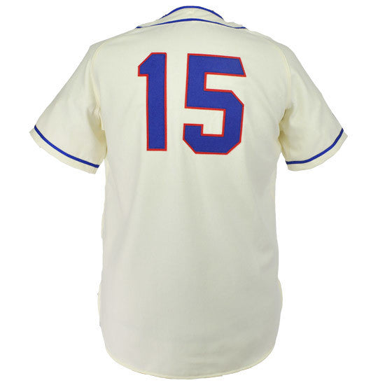 The EFF Mexico City Aztecs 1946 Home Jersey shown from the back is cream-colored with large blue number 15 outlined in red, plus authentic blue trim on the sleeves and collar.