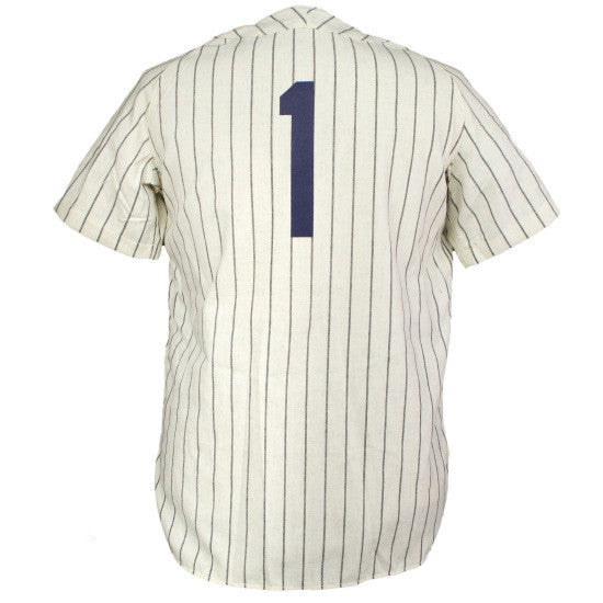 EFF’s Hiroshima Carp 1951 Home Jersey is a white flannel with short sleeves, navy pinstripes, and a bold navy #1 on the back—an authentic reproduction for dedicated fans.
