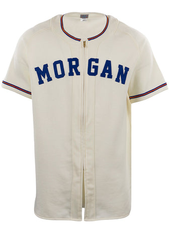 The EFF Morgan State University 1975 Home Jersey is a cream short-sleeve replica featuring blue MORGAN across the chest and thin red-blue sleeve stripes, authentically reproducing the classic baseball jersey.