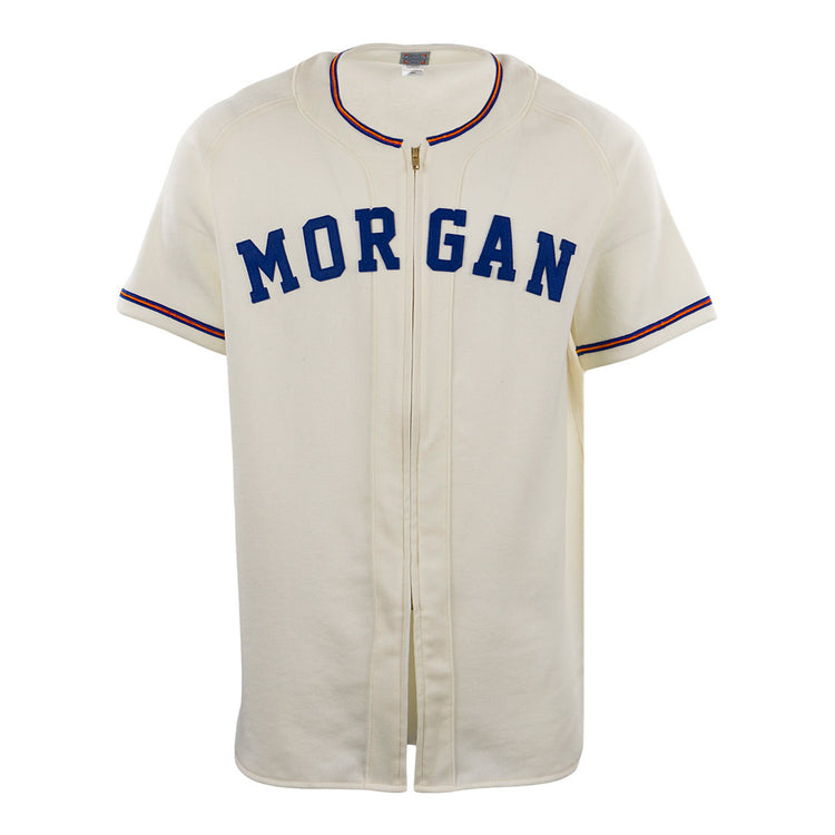 The EFF Morgan State University 1975 Home Jersey is a cream short-sleeve replica featuring blue MORGAN across the chest and thin red-blue sleeve stripes, authentically reproducing the classic baseball jersey.