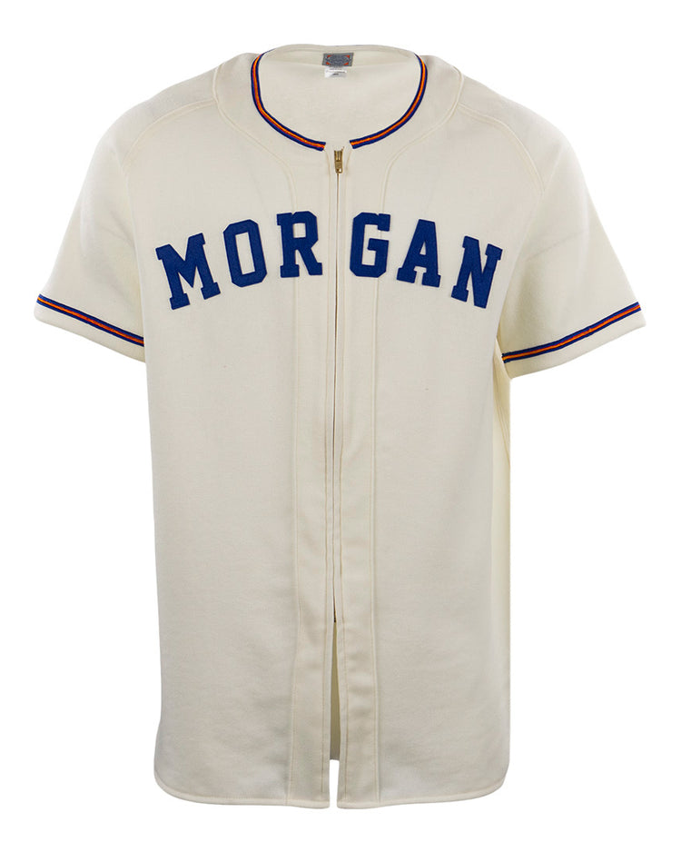 The EFF Morgan State University 1975 Home Jersey is a cream short-sleeve replica featuring blue MORGAN across the chest and thin red-blue sleeve stripes, authentically reproducing the classic baseball jersey.
